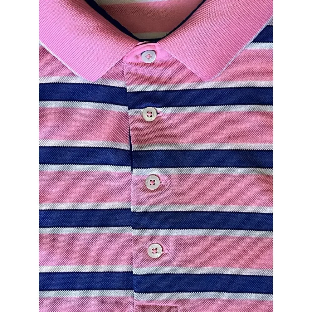 RLX Ralph Lauren Golf Polo Men L Pink Blue Wht Stripe Bear Mountain Performance